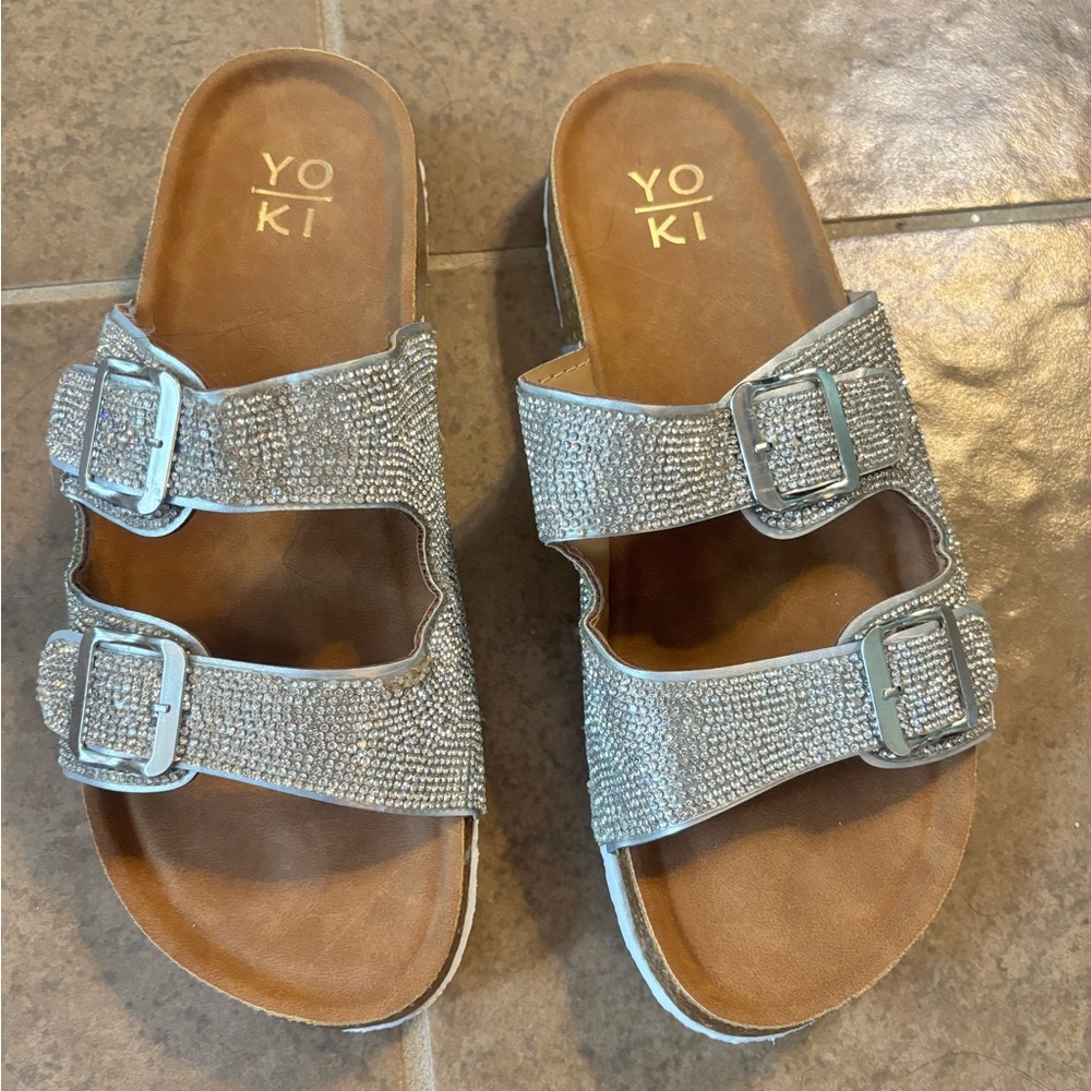 Yoki Silver Rhinestone Double Buckle Slides with Brown Footbed